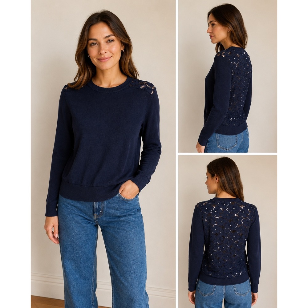 Whistles Navy Blue Lace Back Long Sleeve Sweater Viscoseβ Blend US 6